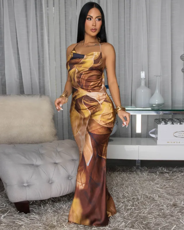 Fiona Bronze Multi-Color Draped Halter Maxi Dress sold by Chic Couture