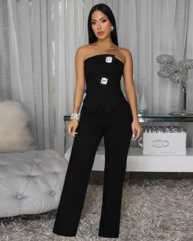 Carra Black Rhinestones Accent Denim Top & Pants Set (10/9/2025) sold by Chic Couture