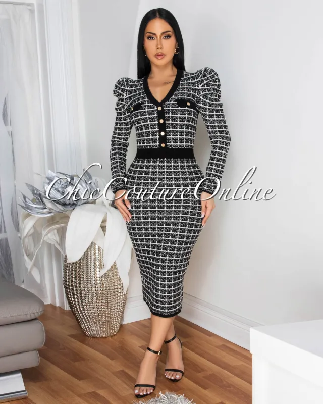Valmy Black White  Knit Midi Dress sold by Chic Couture