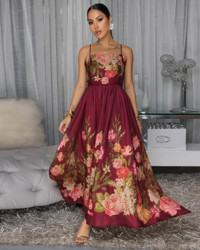 Morella Burgundy Floral Print Maxi Dress sold by Chic Couture