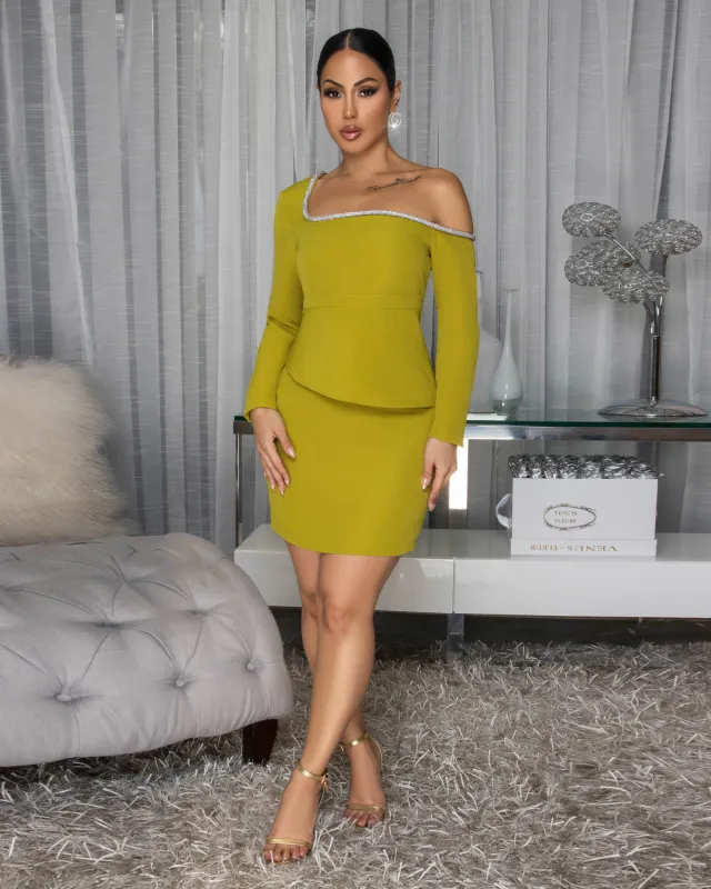 Sherry Chartreuse One Shoulder Top & Skirt Set sold by Chic Couture