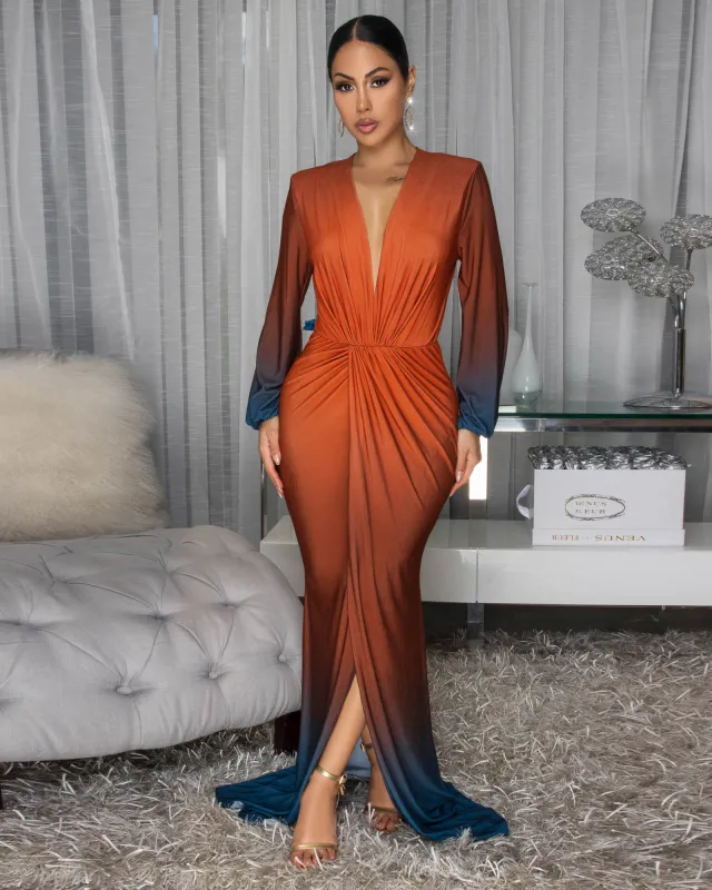 Madeline Auburn Blue Ombre Deep V-Neck Maxi Dress sold by Chic Couture