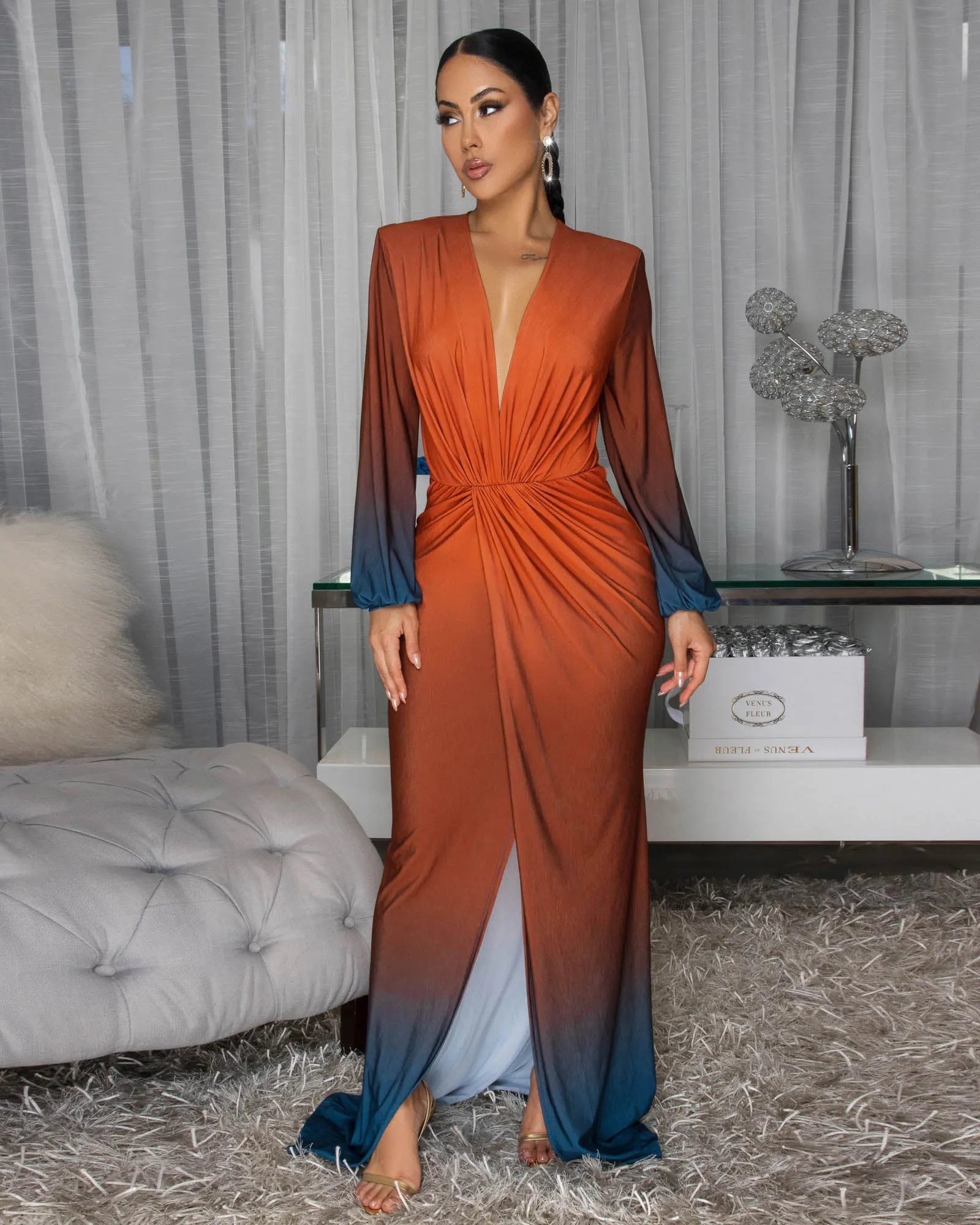 Madeline Auburn Blue Ombre Deep V-Neck Maxi Dress sold by Chic Couture product image thumbnail 2