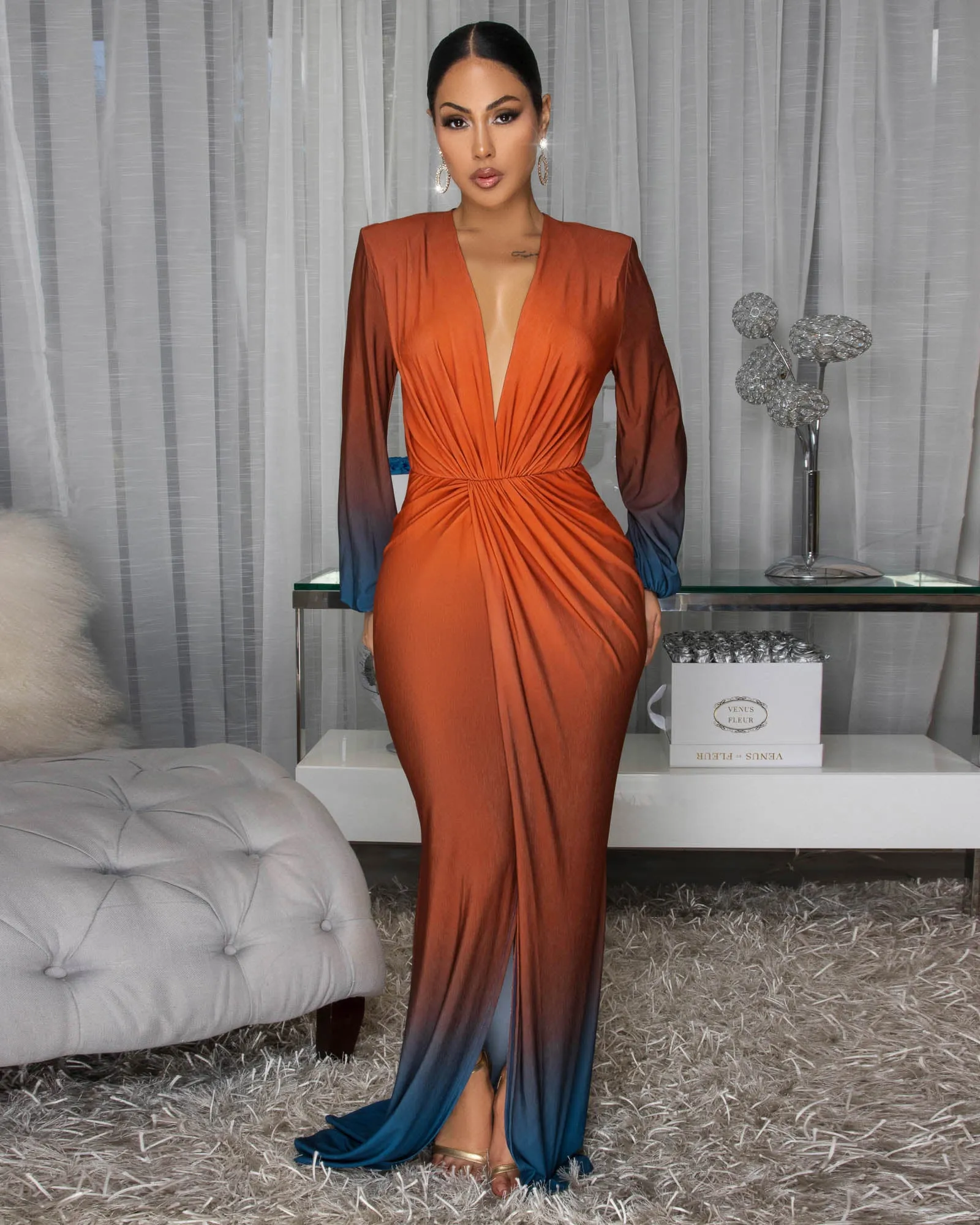 Madeline Auburn Blue Ombre Deep V-Neck Maxi Dress sold by Chic Couture product image thumbnail 3