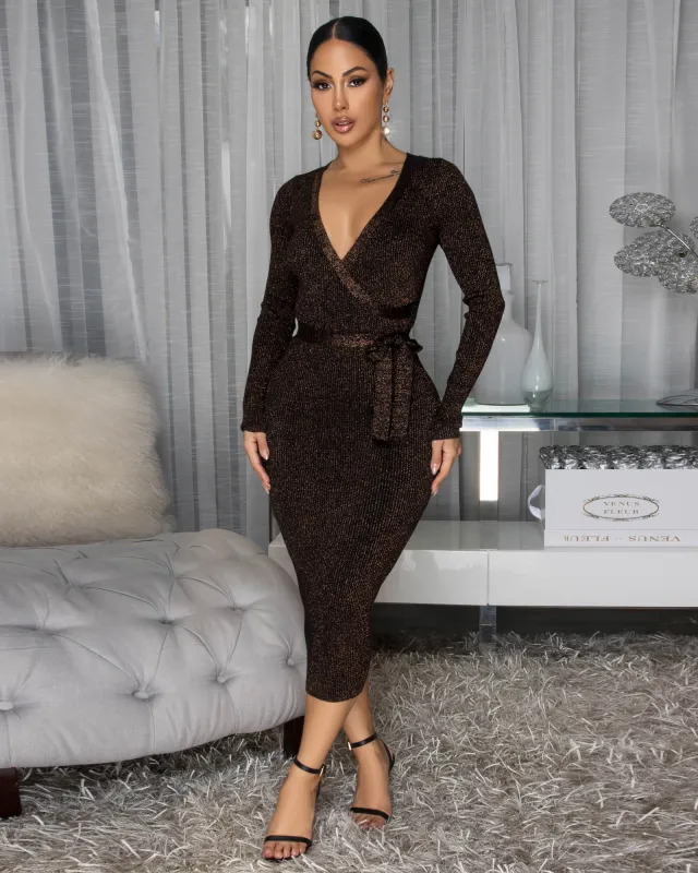 Sheba Black Gold Shimmer Knit Midi Dress sold by Chic Couture