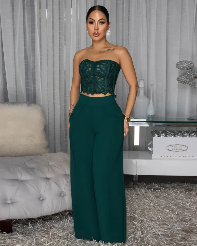Emory Forrest Green Corset Crochet Top & Pants Set sold by Chic Couture
