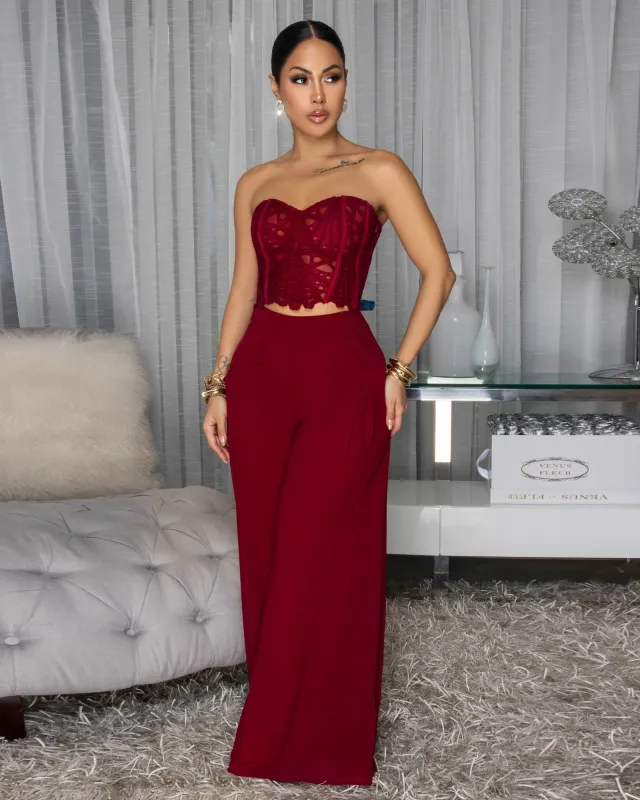 Emory Burgundy Corset Crochet Top & Pants Set sold by Chic Couture