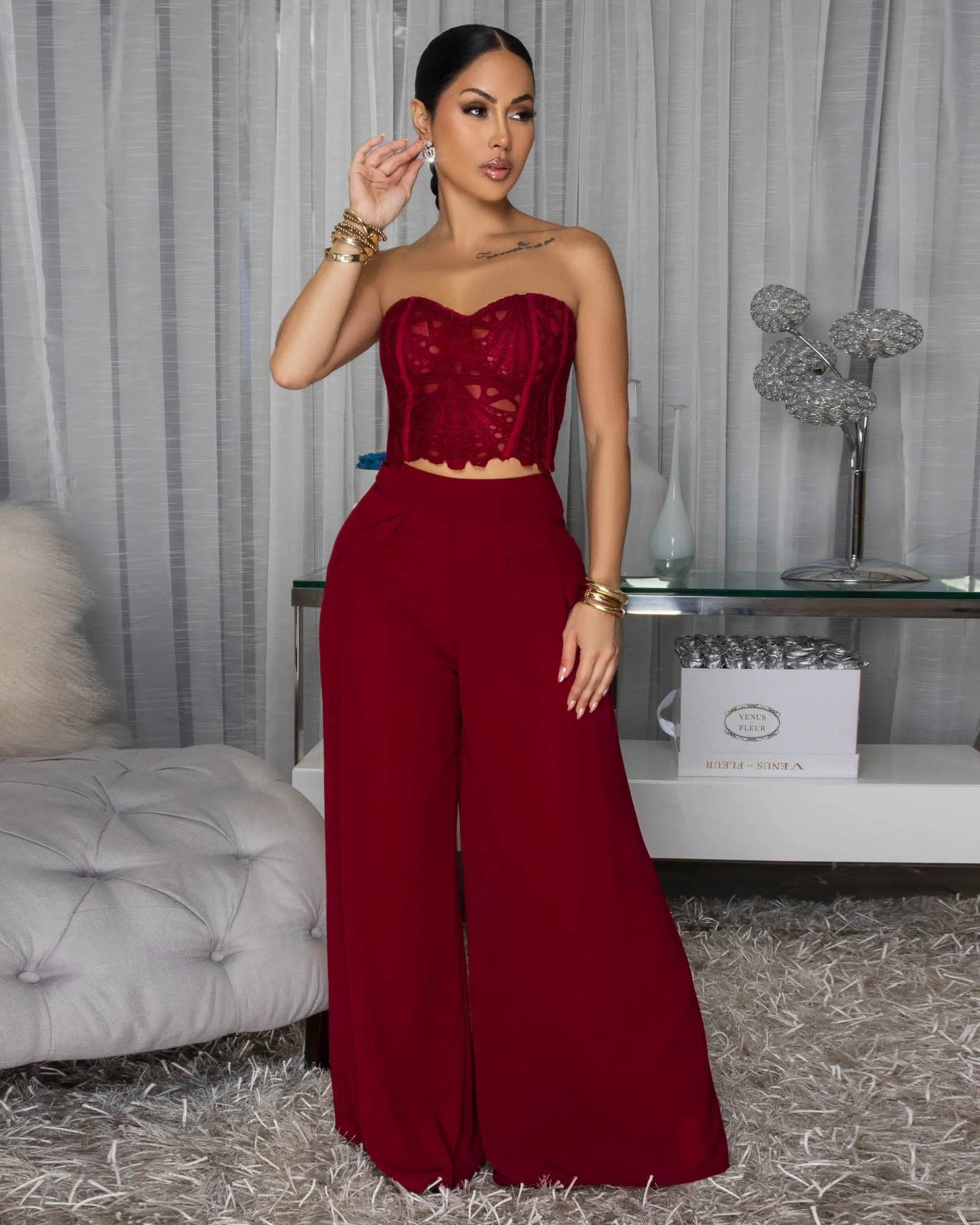 Emory Burgundy Corset Crochet Top & Pants Set sold by Chic Couture product image thumbnail 3