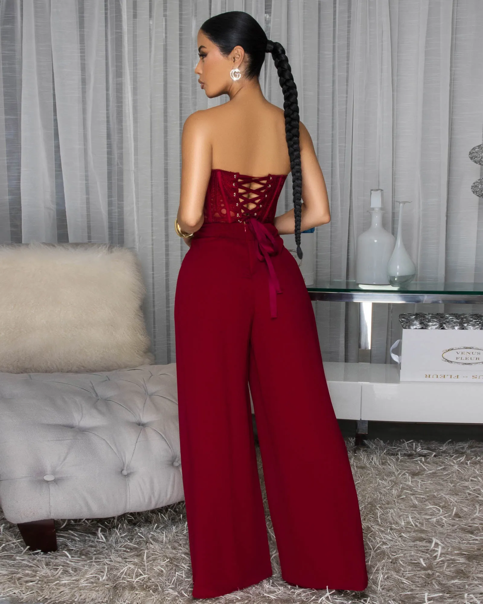 Emory Burgundy Corset Crochet Top & Pants Set sold by Chic Couture product image thumbnail 4