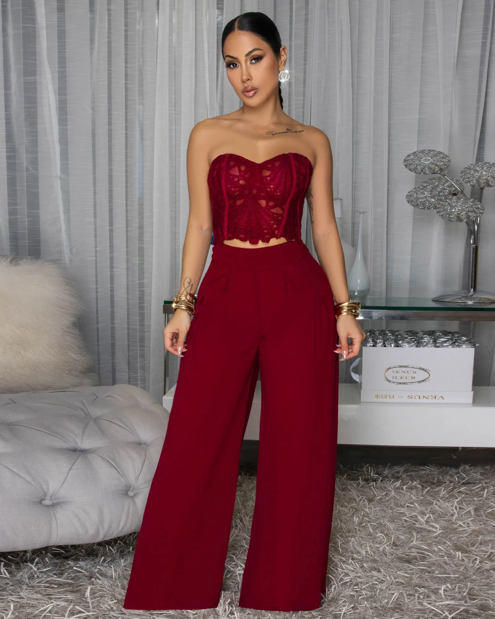 Emory Burgundy Corset Crochet Top & Pants Set sold by Chic Couture product image thumbnail 2