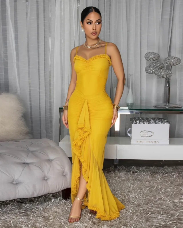 Avenley Yellow Ruffle Mesh Maxi Dress sold by Chic Couture
