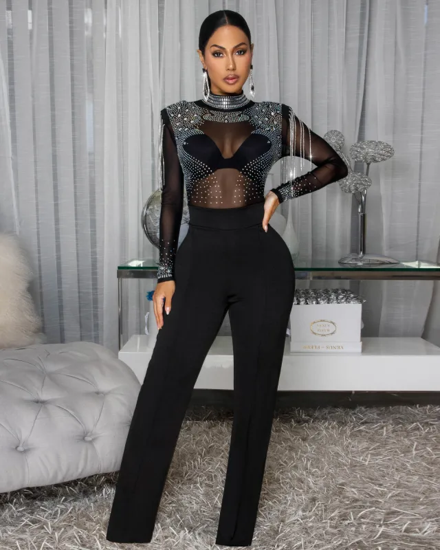 Helaia  Black Mesh Top Rhinestones Jumpsuit sold by Chic Couture