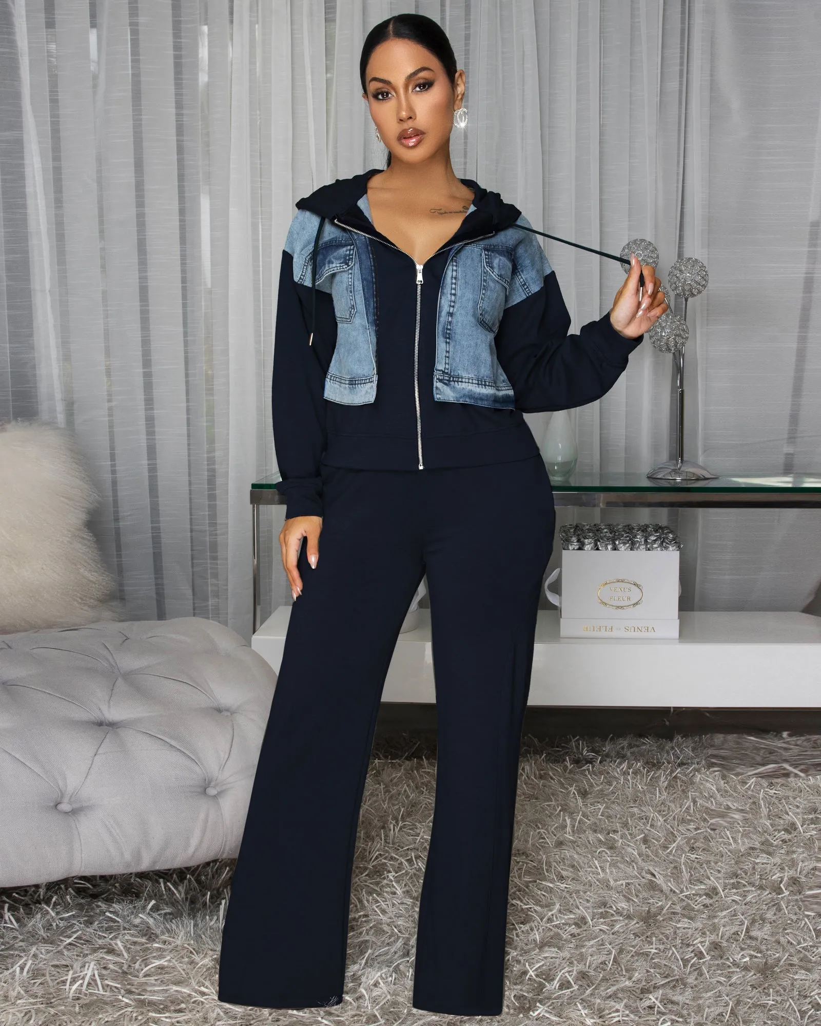 Aeris Navy-Blue Olive Green Jacket & Pants Set sold by Chic Couture