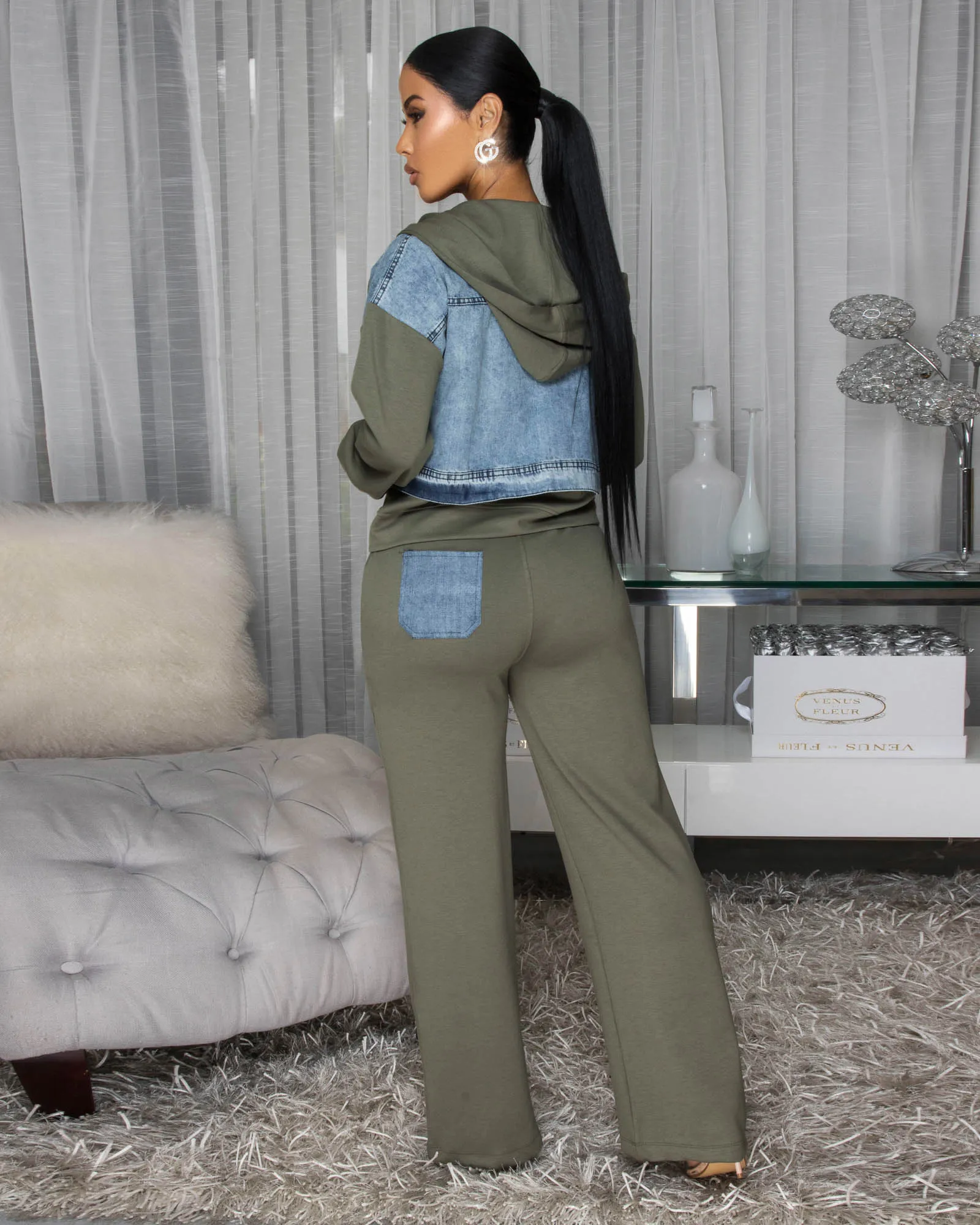 Aeris Denim Olive Green Jacket & Pants Set sold by Chic Couture product image thumbnail 4
