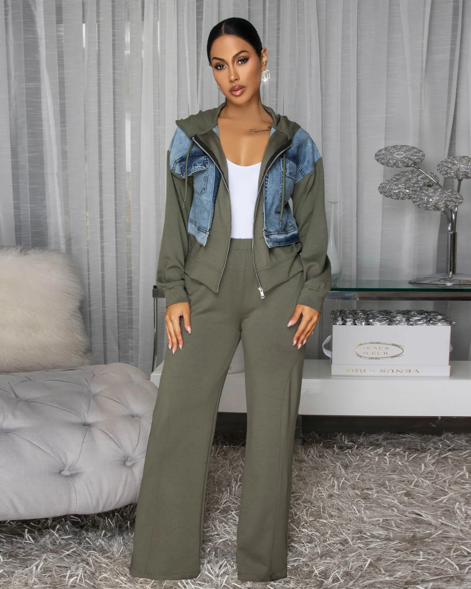 Aeris Denim Olive Green Jacket & Pants Set sold by Chic Couture