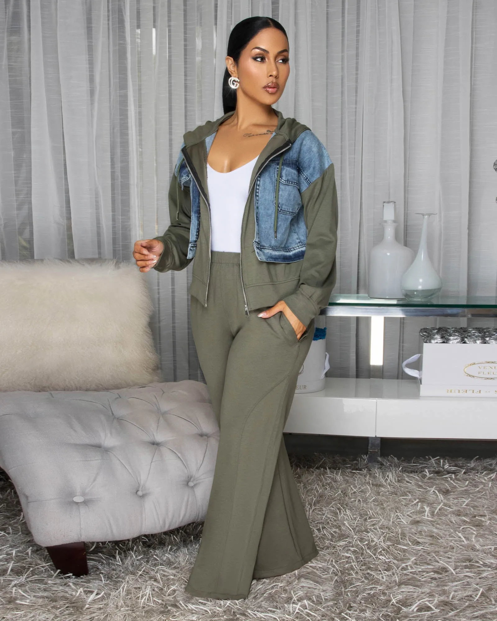 Aeris Denim Olive Green Jacket & Pants Set sold by Chic Couture product image thumbnail 2