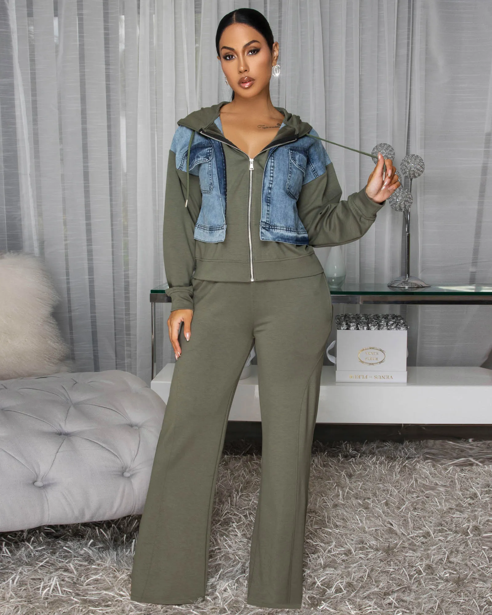 Aeris Denim Olive Green Jacket & Pants Set sold by Chic Couture product image thumbnail 3