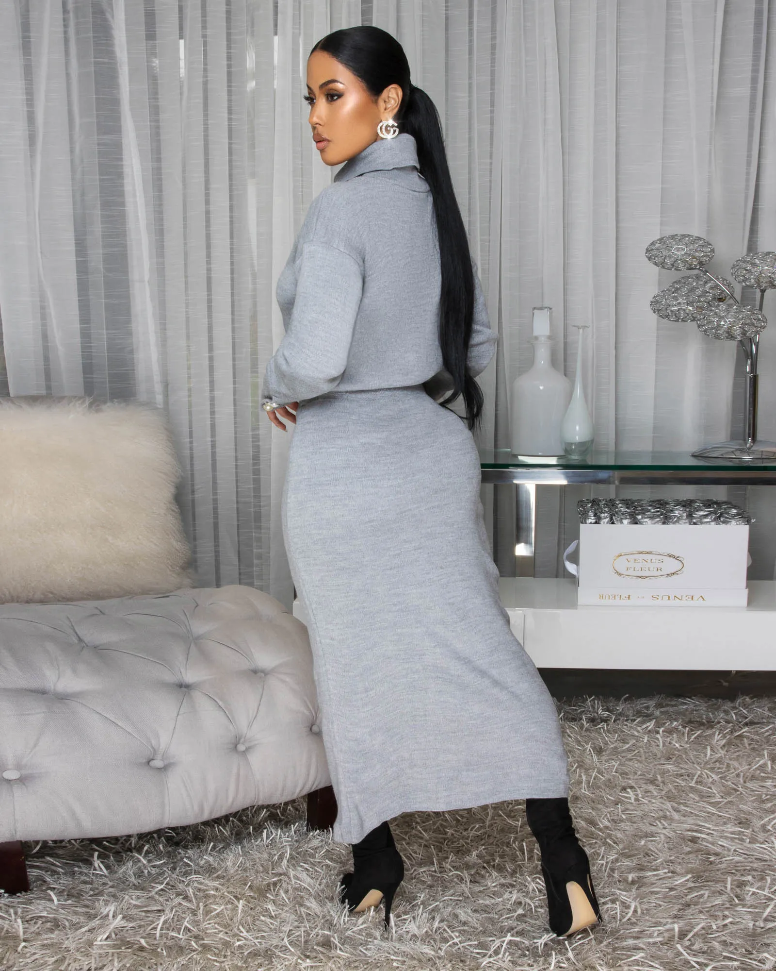 Faedra Grey Knit Sweater Maxi Skirt Set sold by Chic Couture product image thumbnail 4