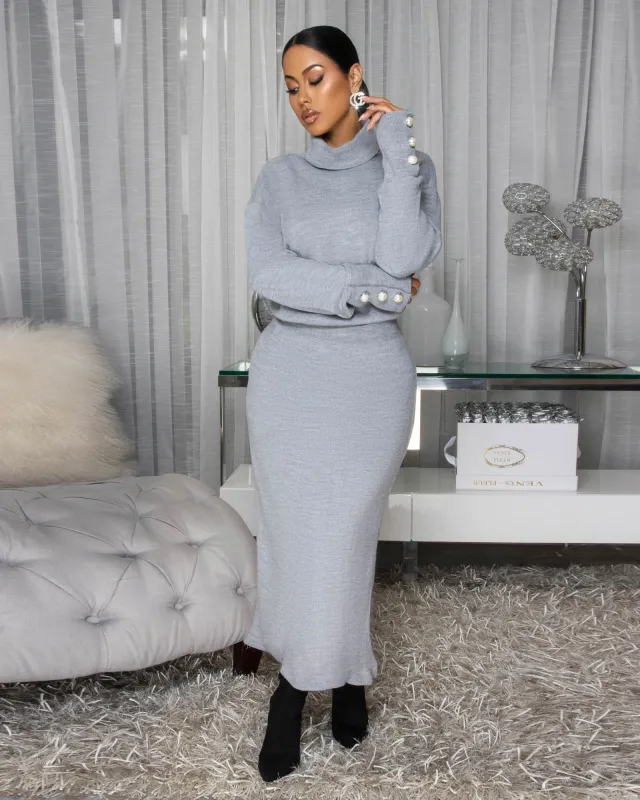 Faedra Grey Knit Sweater Maxi Skirt Set sold by Chic Couture