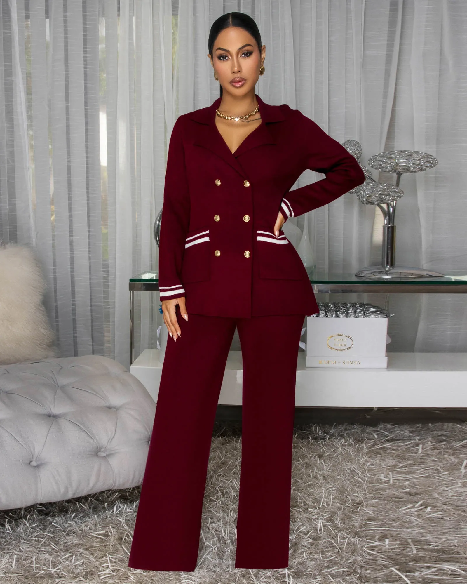 Gallene Burgundy White Trim Knit Pants Set sold by Chic Couture product image thumbnail 3