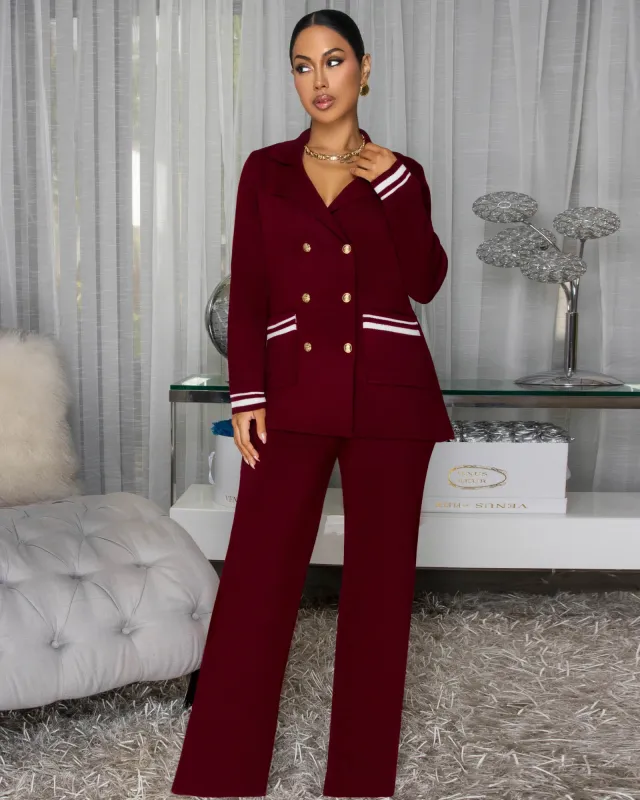 Gallene Burgundy White Trim Knit Pants Set sold by Chic Couture