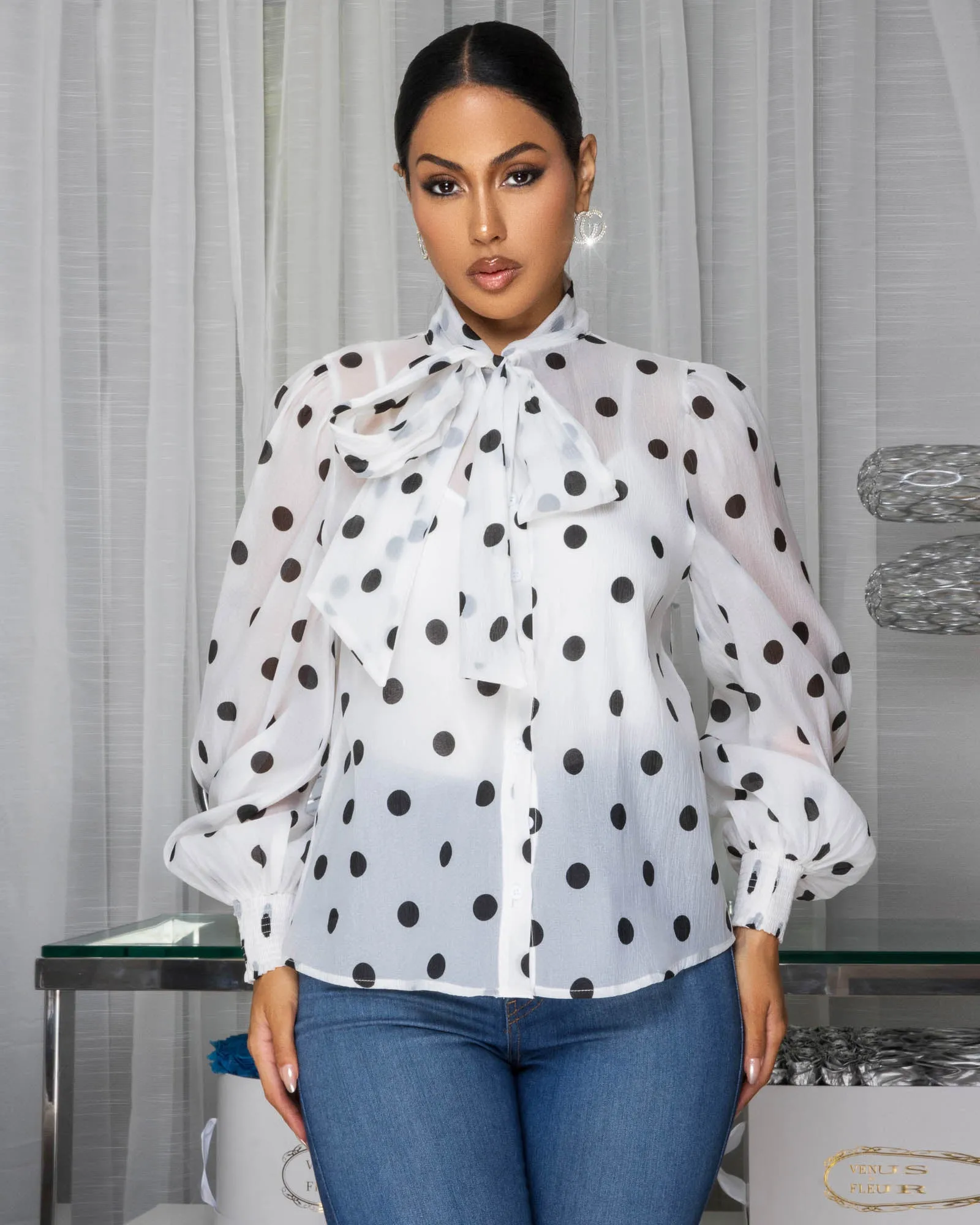 Melina White Black Polka Dot Collared Linen Shirt sold by Chic Couture product image thumbnail 3