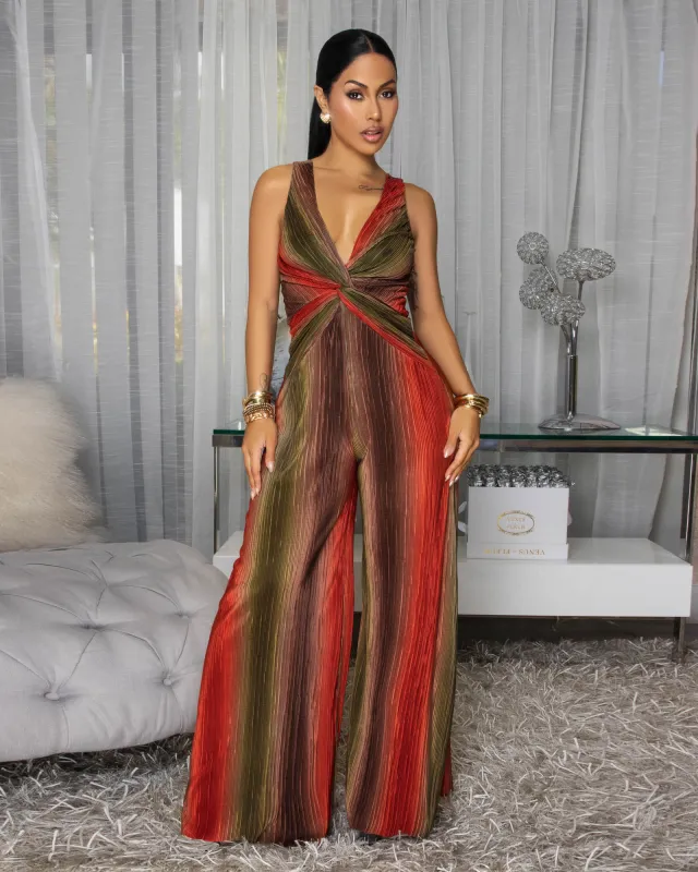 Orlena Brown Multi-Color Textured Jumpsuit sold by Chic Couture