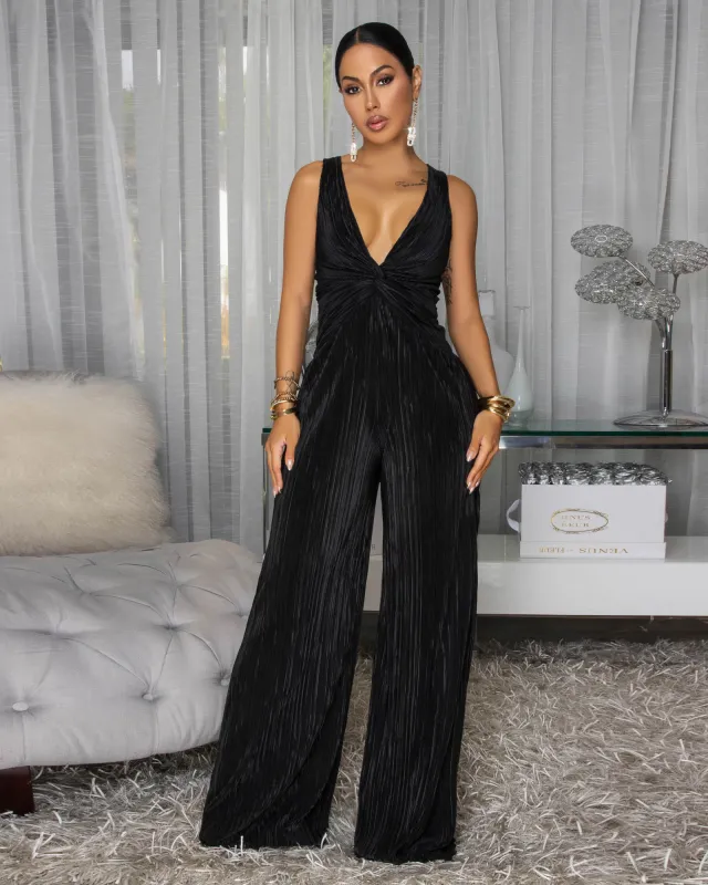Orlena Black Knot Front Textured Jumpsuit sold by Chic Couture