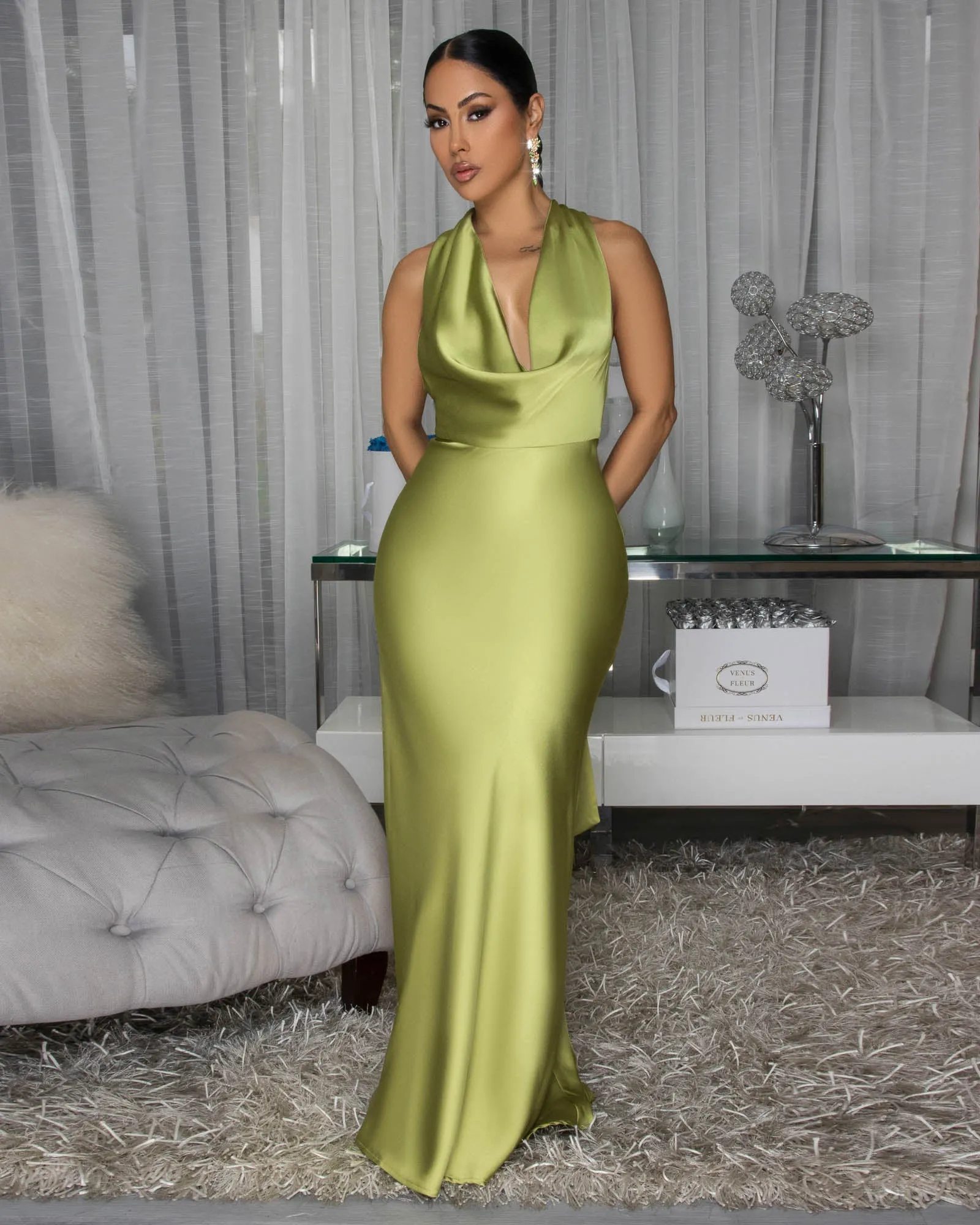 Serafina Chartreuse Draped Halter Maxi Dress sold by Chic Couture product image thumbnail 3