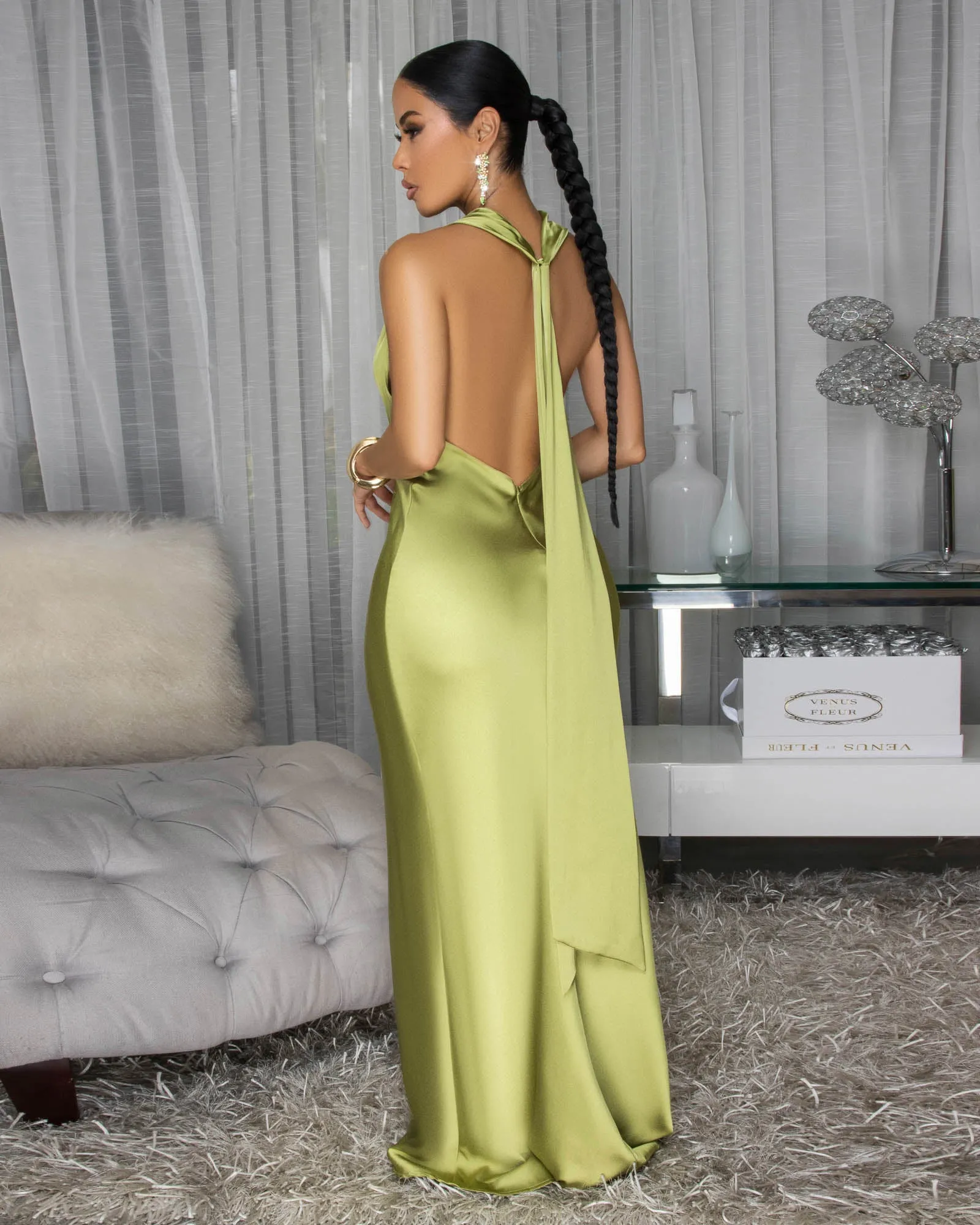 Serafina Chartreuse Draped Halter Maxi Dress sold by Chic Couture product image thumbnail 4