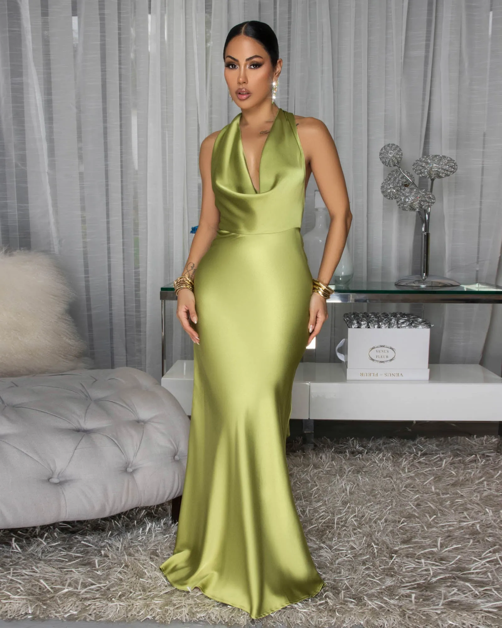 Serafina Chartreuse Draped Halter Maxi Dress sold by Chic Couture