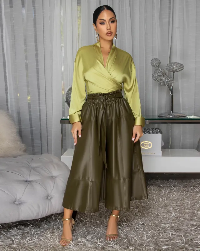 Prema Olive Green Faux Leather Paper Bag Shorts sold by Chic Couture