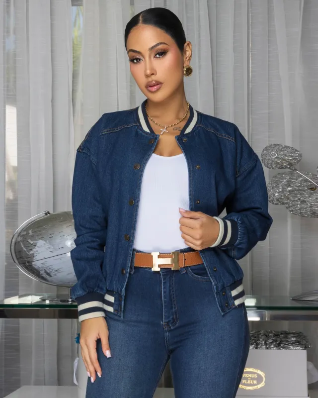 Simane Dark Wash Denim  Bomber Jacket sold by Chic Couture