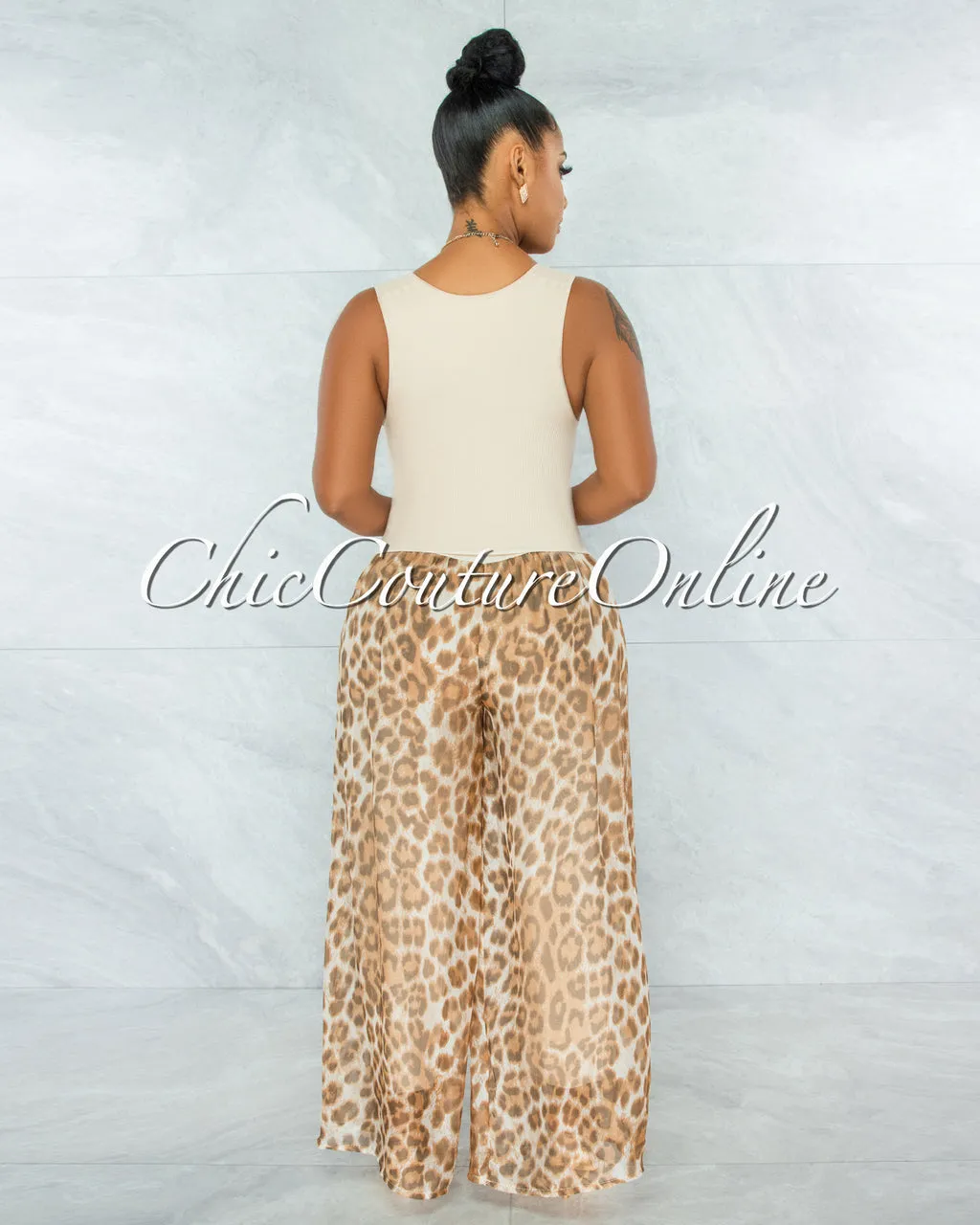 *Sharley Nude Leopard Print Wide Legs Waistband Pants sold by Chic Couture product image thumbnail 3