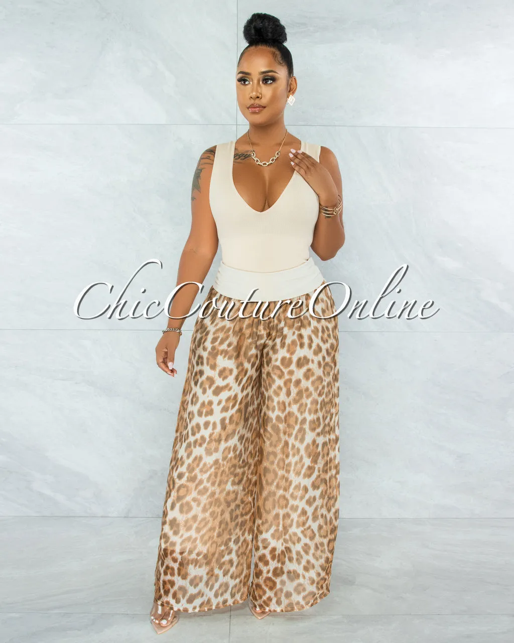 *Sharley Nude Leopard Print Wide Legs Waistband Pants sold by Chic Couture