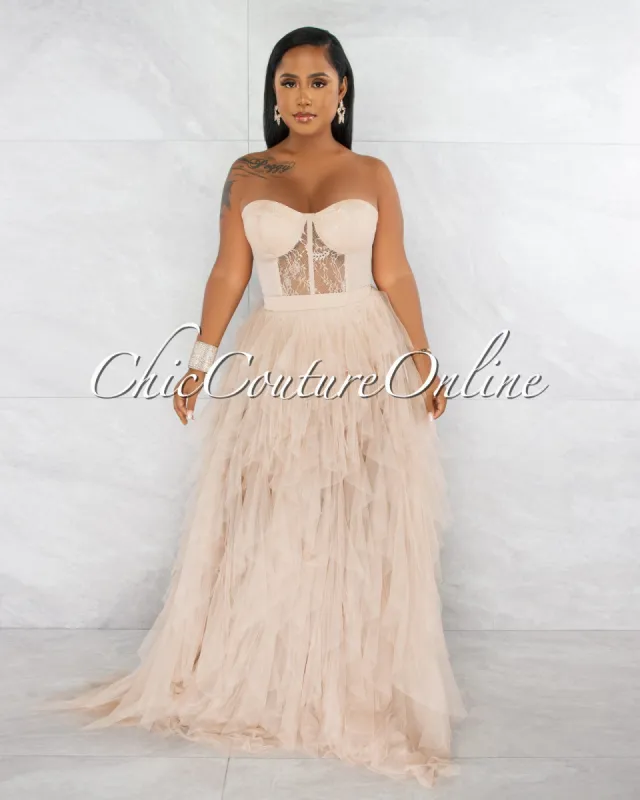 *Andreina Nude Lace Top Tulle Ruffles Maxi Dress sold by Chic Couture
