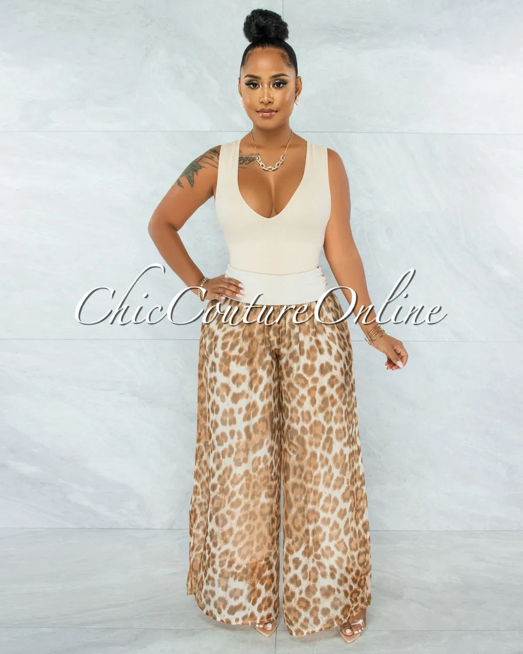 *Sharley Nude Leopard Print Wide Legs Waistband Pants sold by Chic Couture product image thumbnail 2