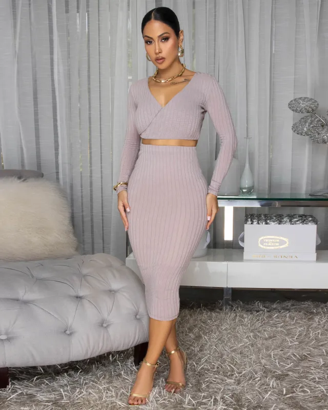 Draya Taupe Ribbed Skirt Set sold by Chic Couture