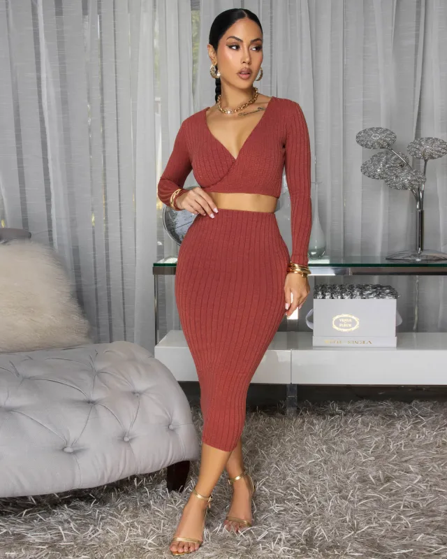 Draya Rust Orange Ribbed Skirt Set sold by Chic Couture