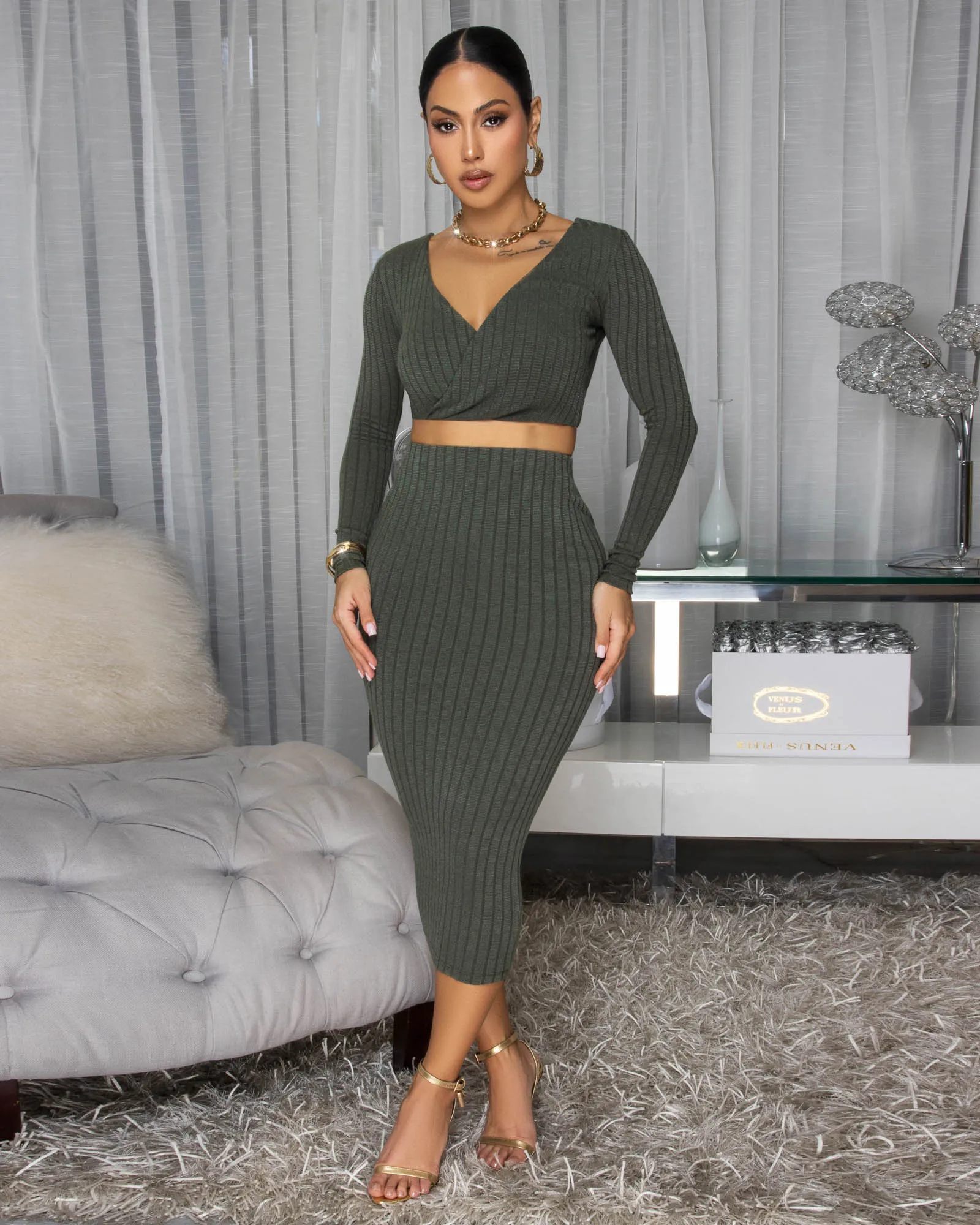 Draya Olive Green Ribbed Skirt Set sold by Chic Couture