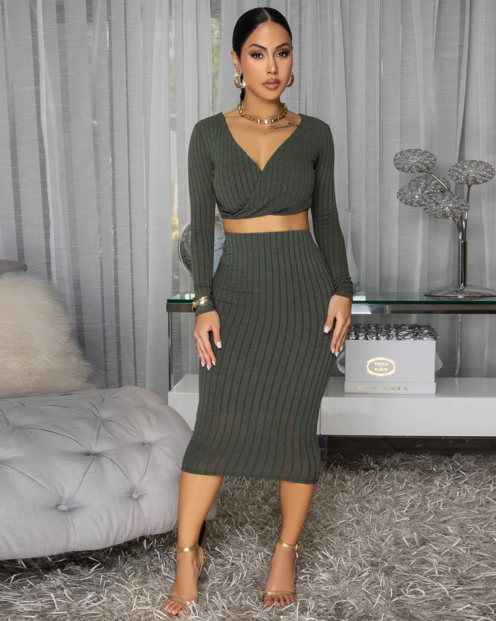 Draya Olive Green Ribbed Skirt Set sold by Chic Couture product image thumbnail 2
