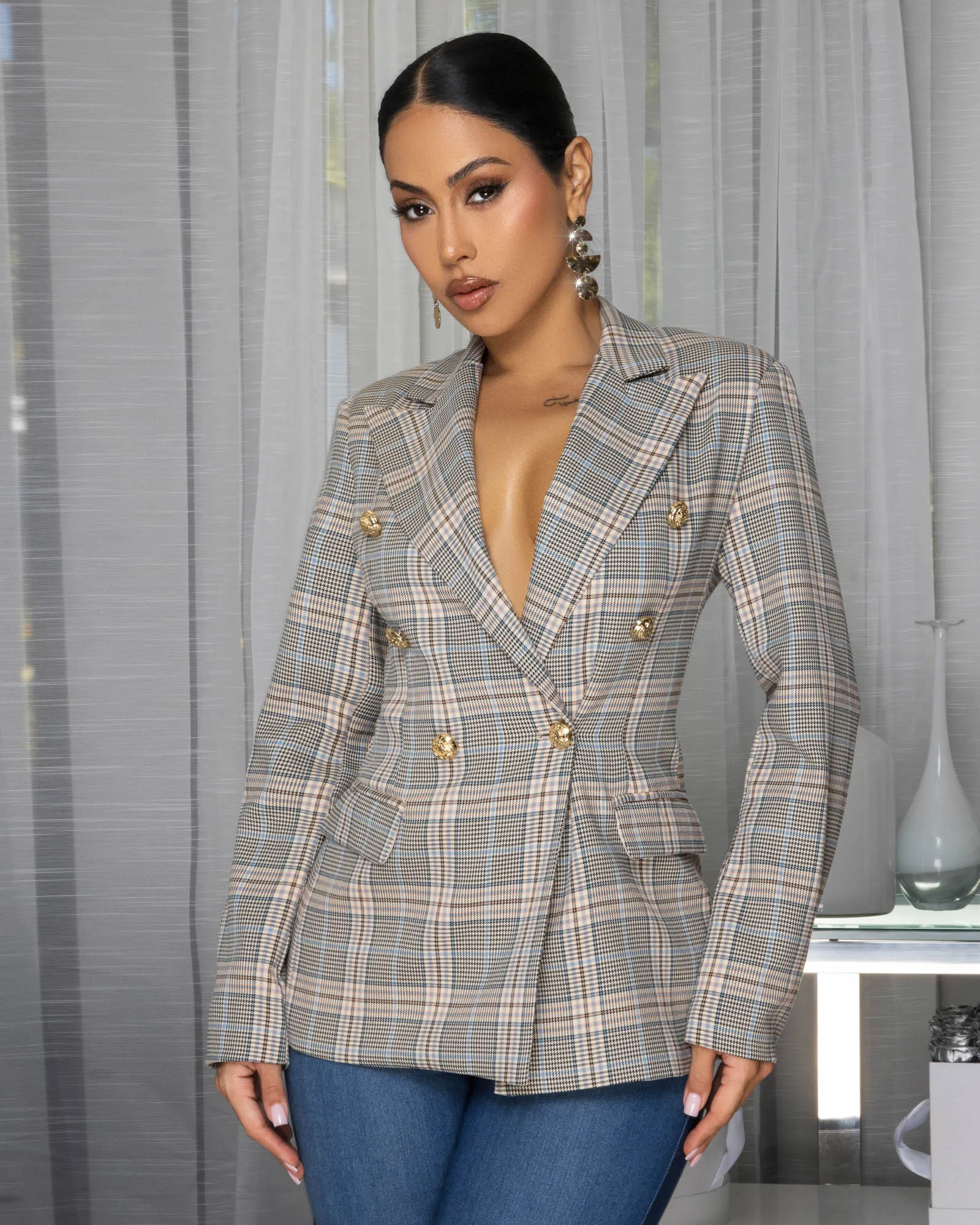 Roxy Plaid Multi-Color Double Breasted Jacket sold by Chic Couture product image thumbnail 3