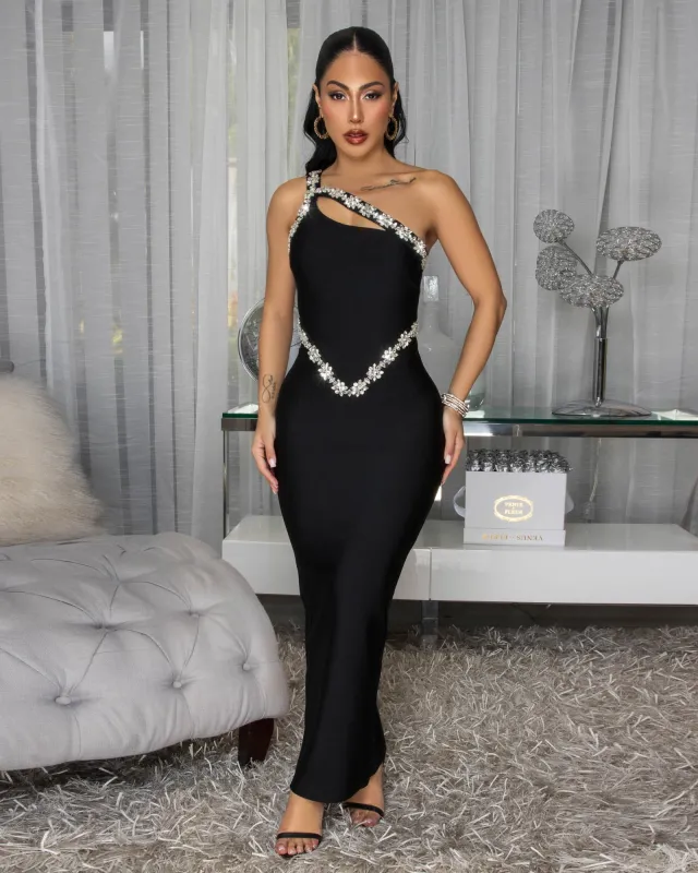 Lizzie Black Rhinestones Bust Trim Bandage Maxi Dress sold by Chic Couture