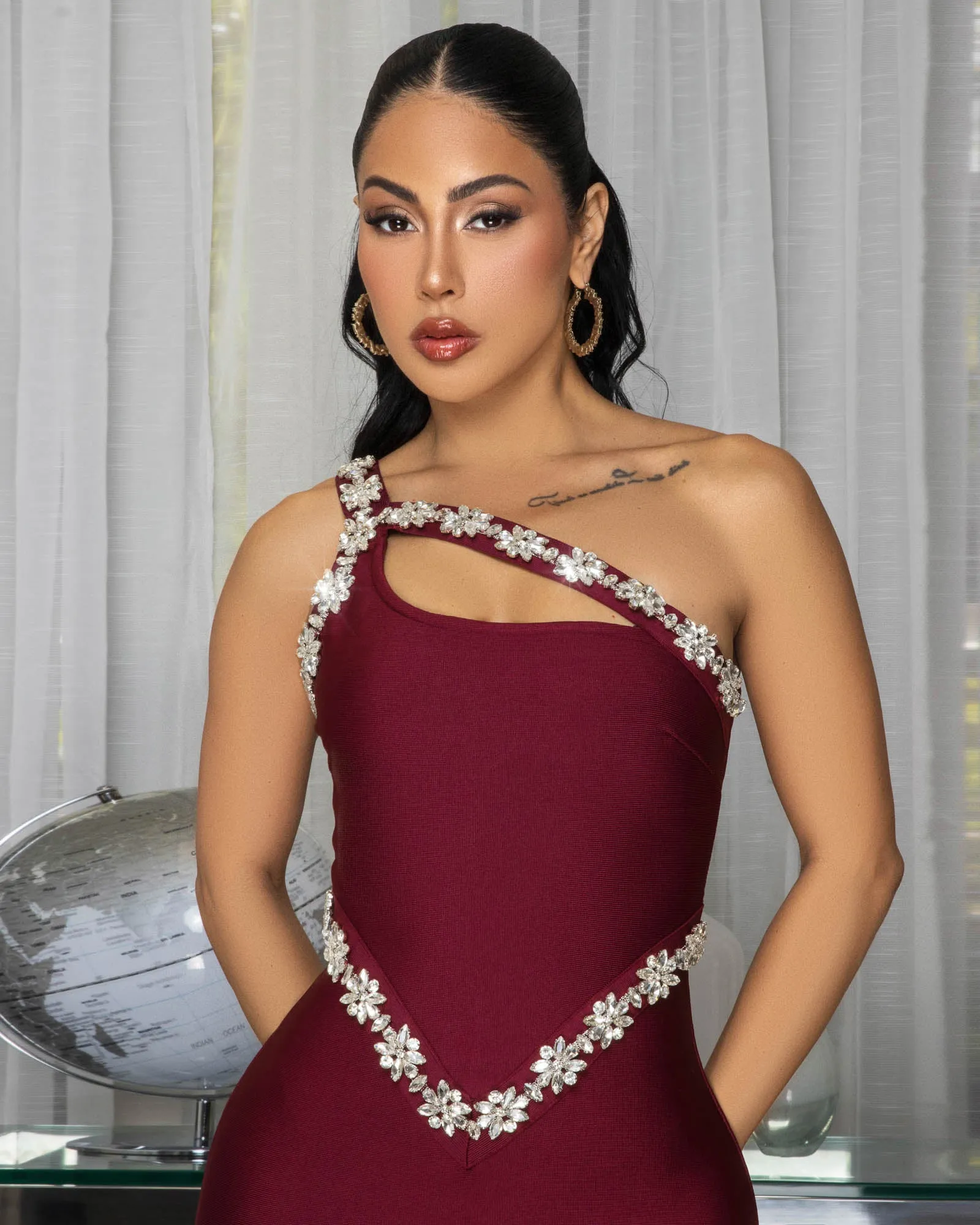 Lizzie Burgundy Rhinestones Bust Trim Bandage Maxi Dress sold by Chic Couture product image thumbnail 3