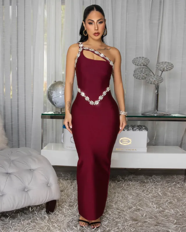Lizzie Burgundy Rhinestones Bust Trim Bandage Maxi Dress sold by Chic Couture