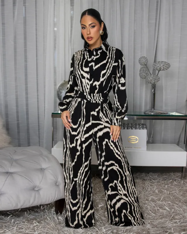 Sahar Black & Ivory Print Jumpsuit sold by Chic Couture