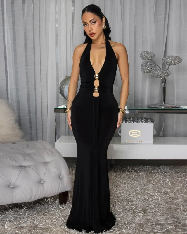 Axelle Black Plunging V Halter Maxi Dress sold by Chic Couture