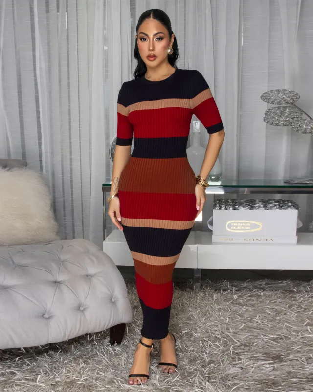 Favianna Burgundy Balck Multi-Color Stripes Midi Dress sold by Chic Couture