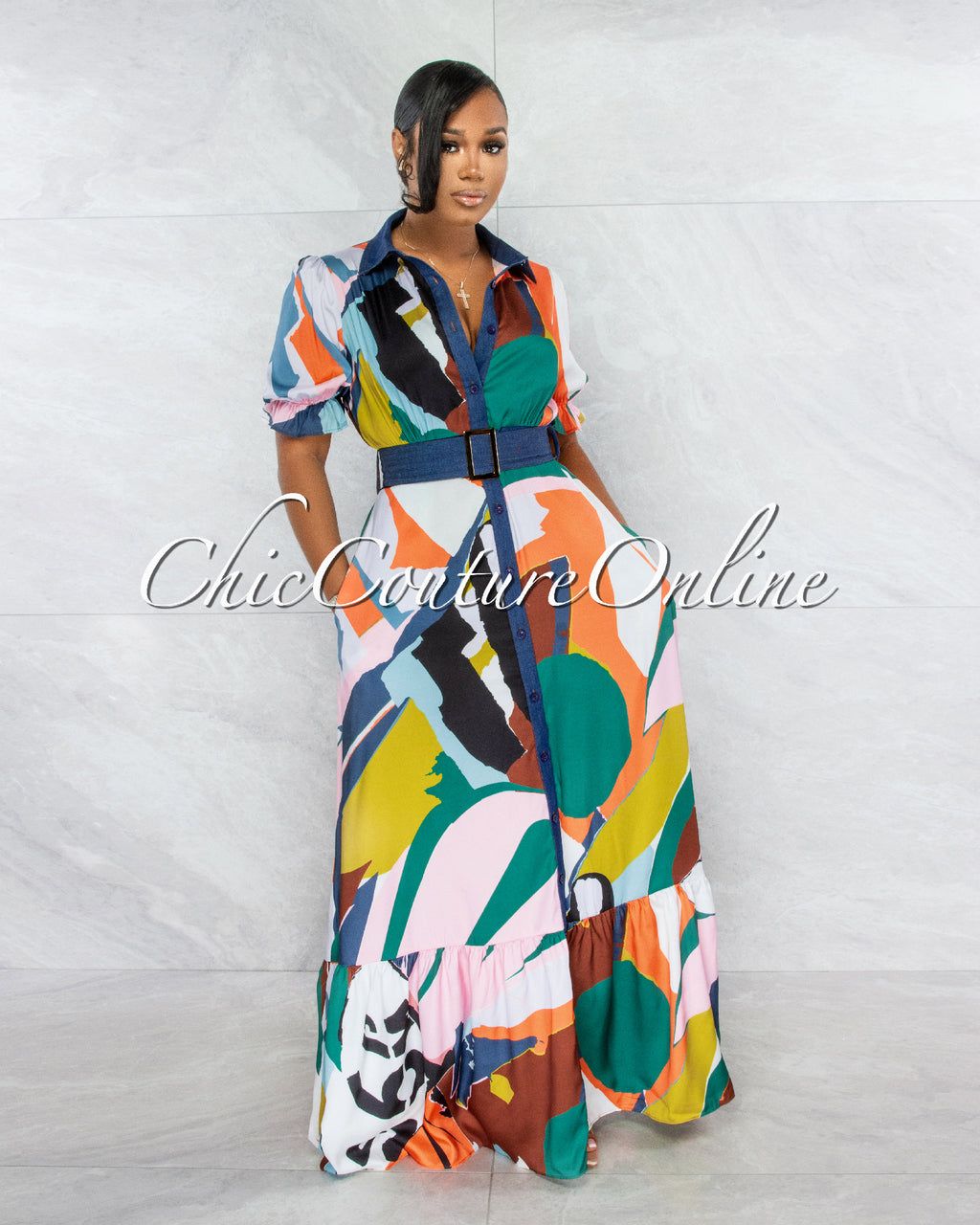 Aruba Multi-Color Print Belted Maxi Dress sold by Chic Couture product image thumbnail 3