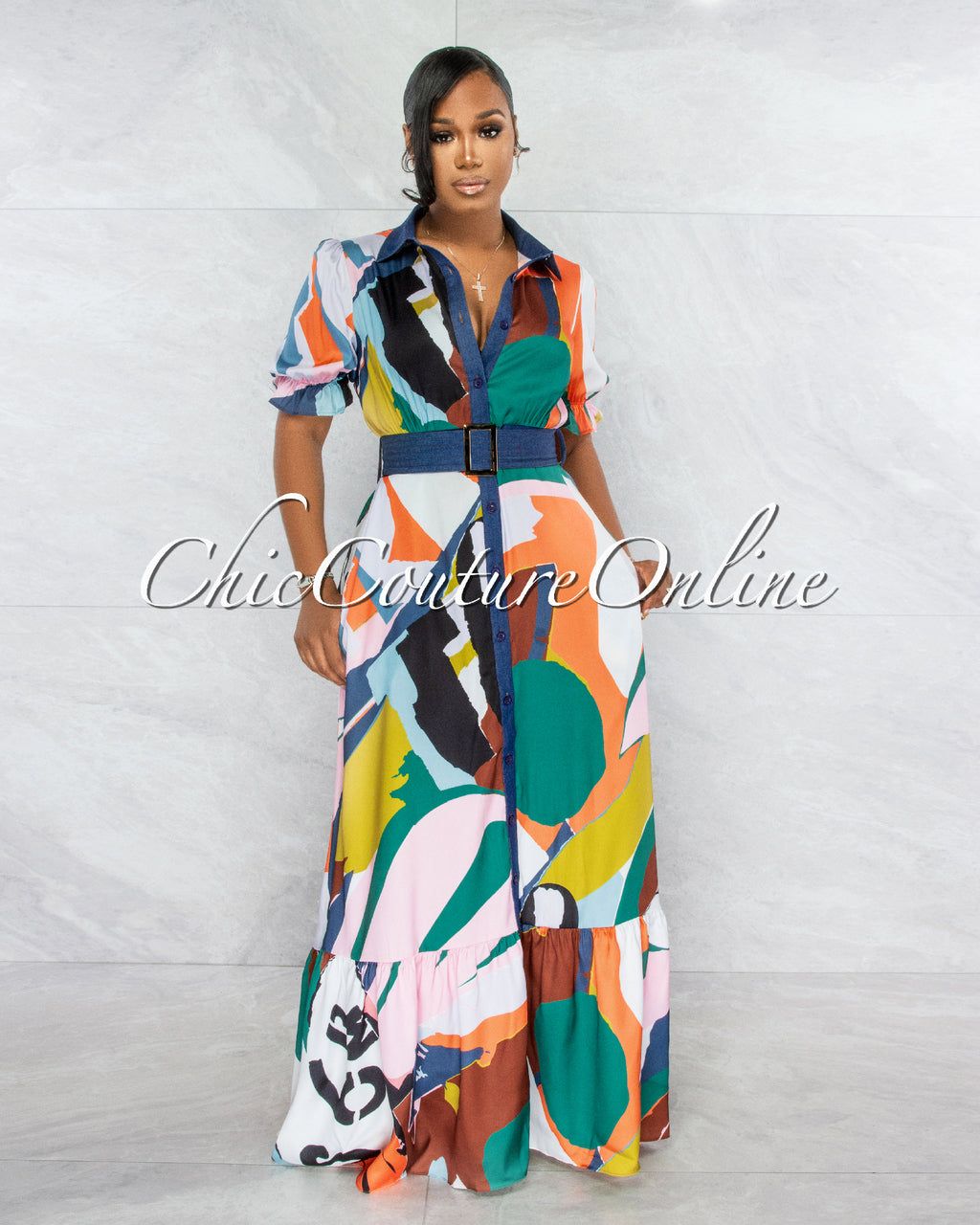 Aruba Multi-Color Print Belted Maxi Dress sold by Chic Couture